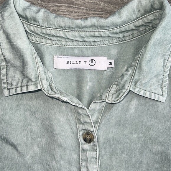 GUC Billy T Long Sleeve Button Down Flounce Dress Mineral Wash Sage Green Medium - Picture 4 of 11